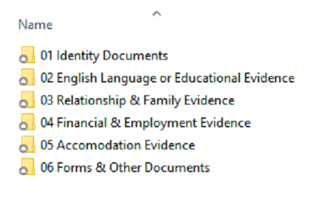 Example of sub-folders to organise your visa documents on your computer