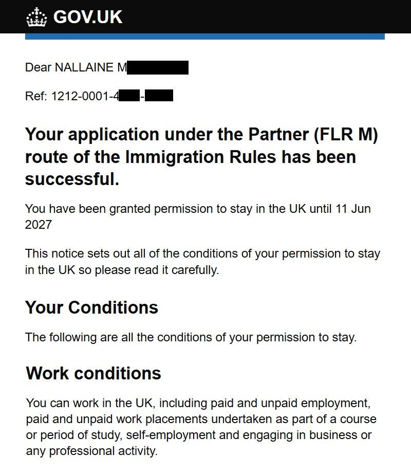 UK Partner Visa Extension Decision Letter