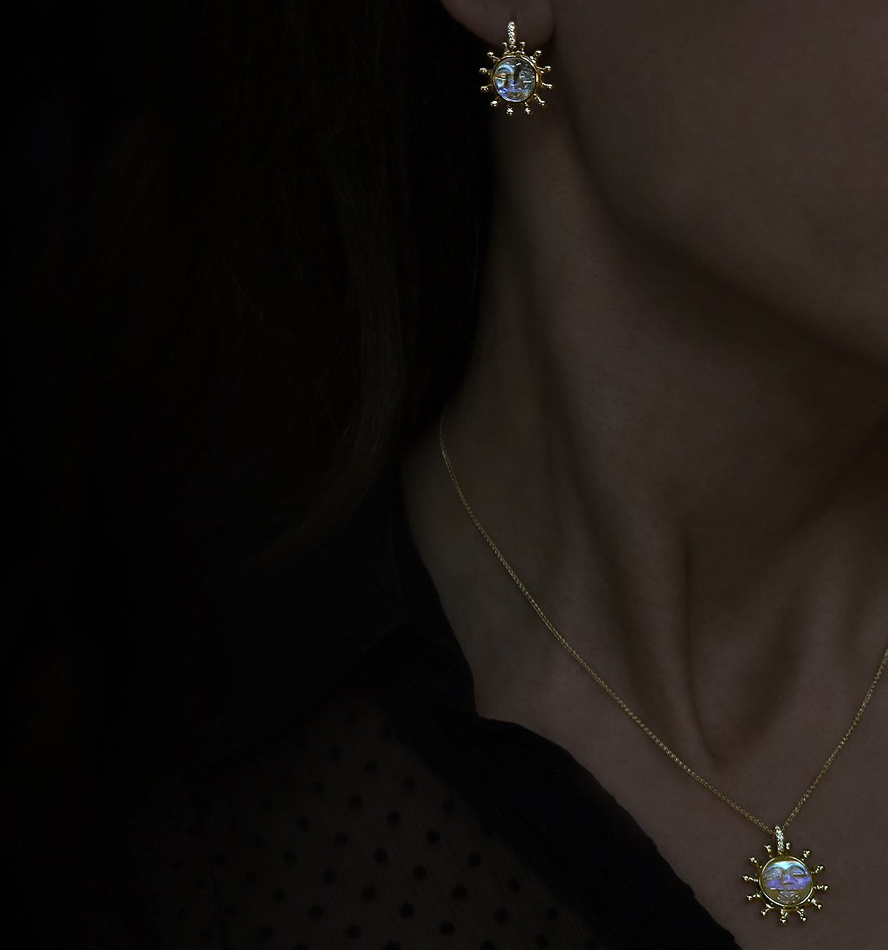 Moonstone and diamond pendant and earrings