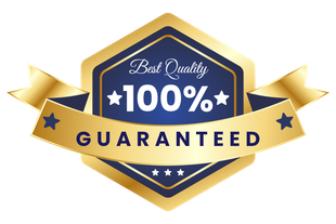 A blue and gold badge that says `` best quality 100 % guaranteed ''