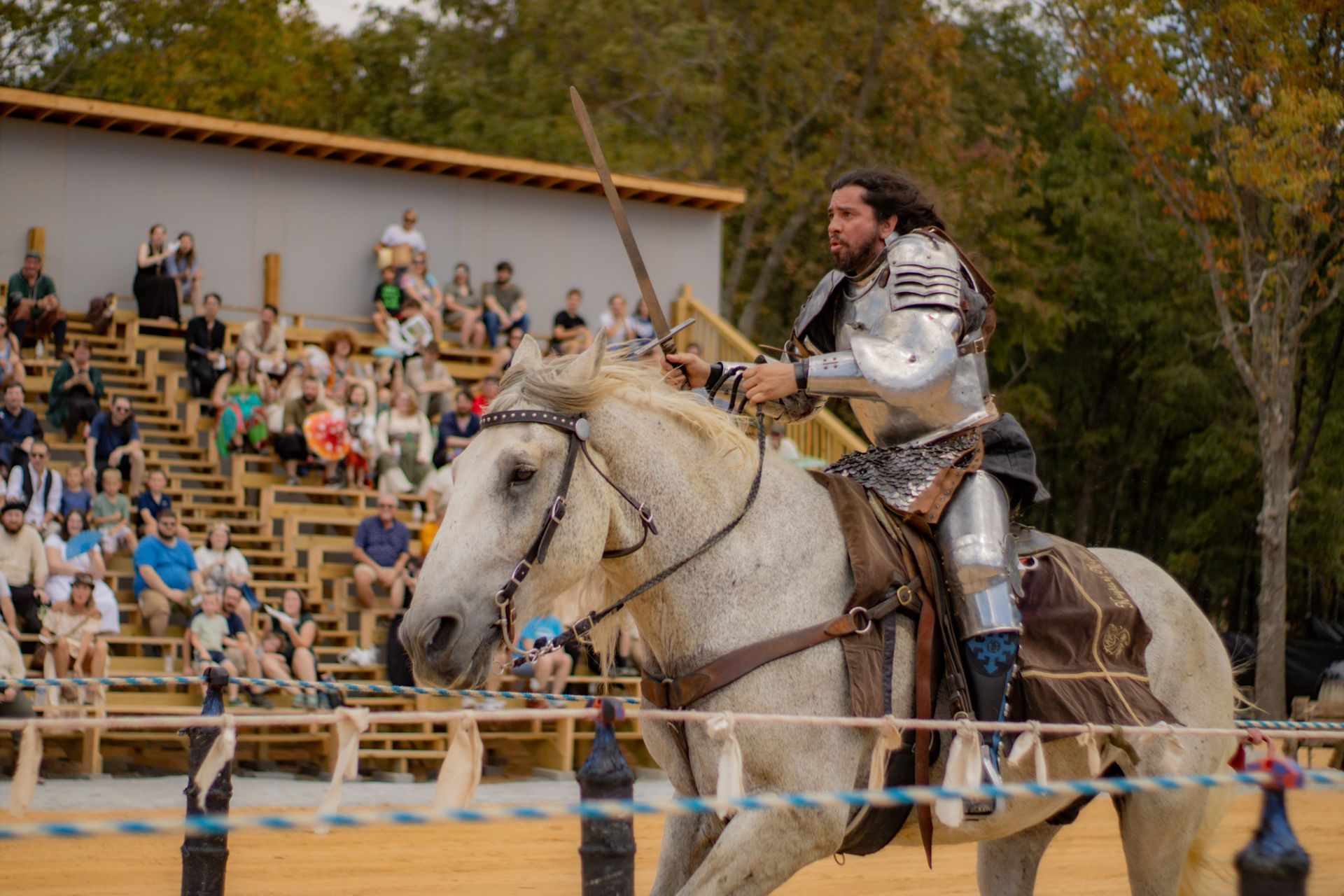 A man in armor is riding on the back of a white horse.