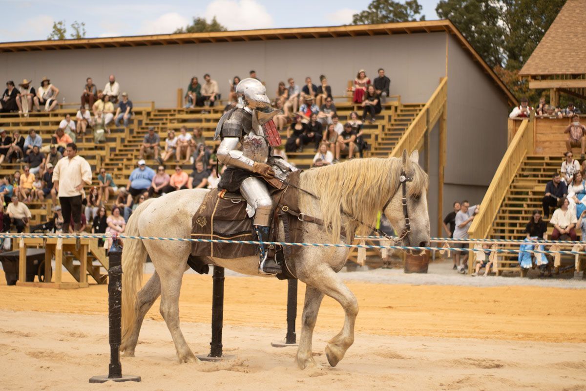 A man in armor is riding on the back of a white horse.