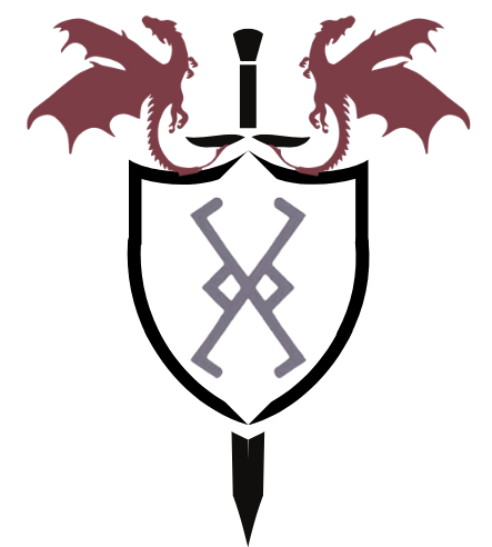 Shield with two dragons and a sword. Gray rune in the center, set against a white background, bordered in black.