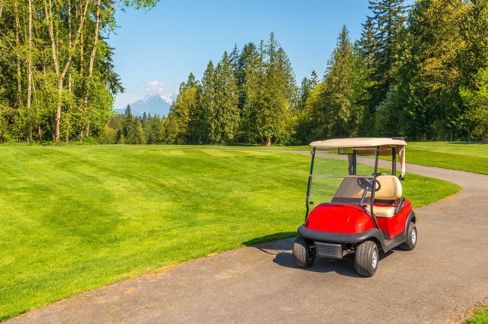 A Red Golf Cart Is Driving Down A Path On A Golf Course — Battery Assist QLD In Kawana Waters, QLD