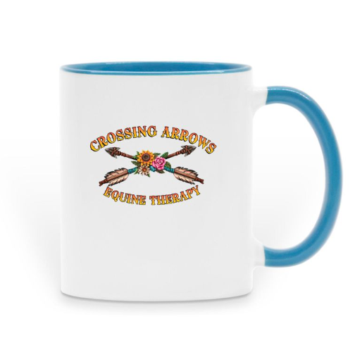 White mug with blue interior and handle; logo with crossed arrows, flower, and text: “Crossing Arrows Square Therapy.”
