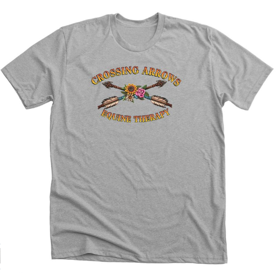 Gray t-shirt with logo: two crossed arrows with flowers, text 