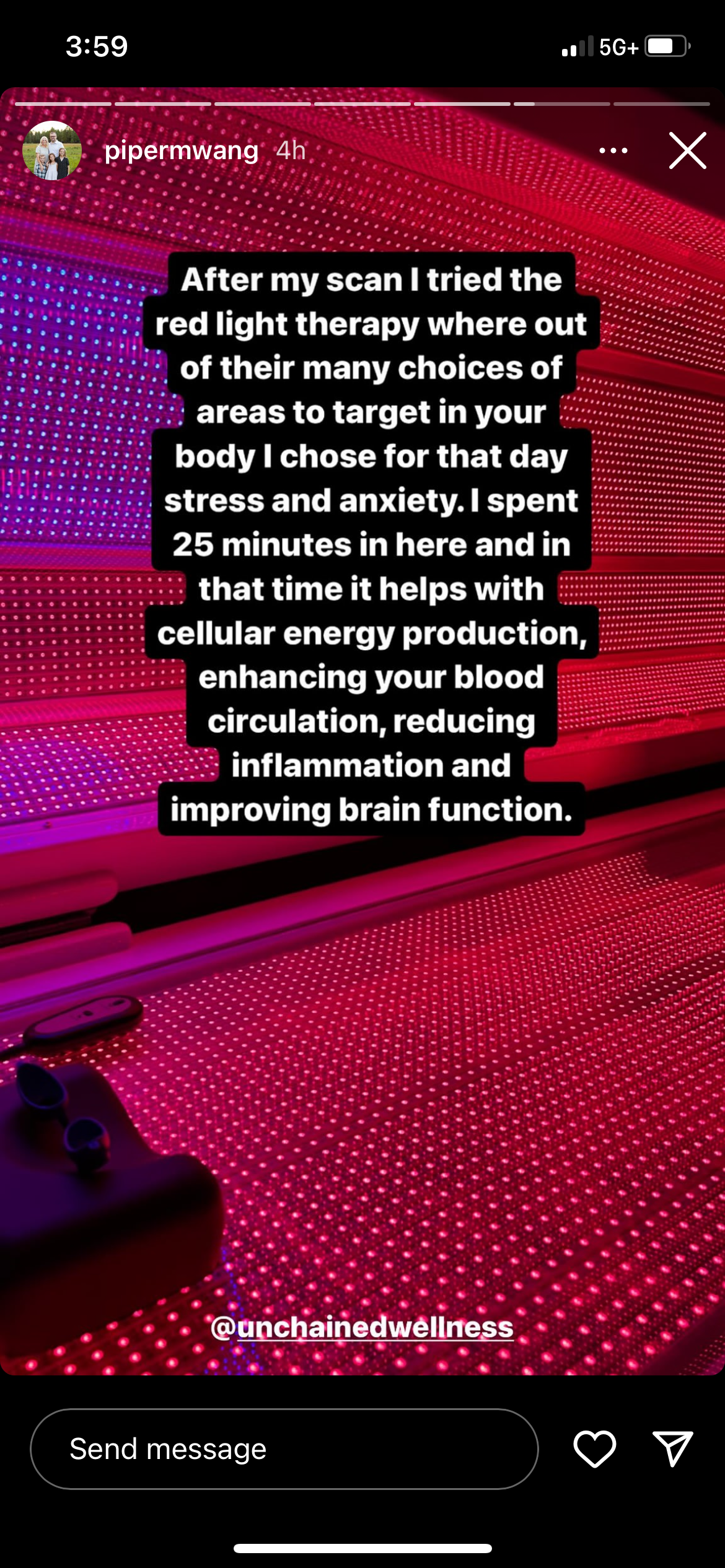 A cell phone screen shows a purple light therapy machine.