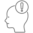 A line drawing of a person 's head with an exclamation point above it.