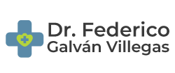 Logotipo del Dr. Federico Galv&aacute;n Villegas: una cruz azul con un escudo verde en su interior. Texto a la derecha.