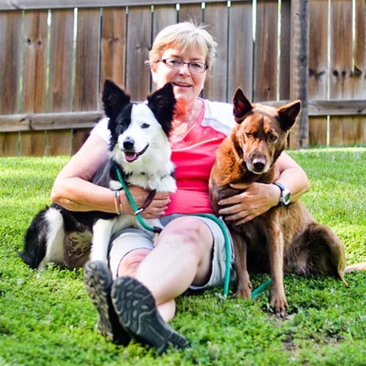 Woman sitting in grass with two dogs: black and white, brown. Backyard.