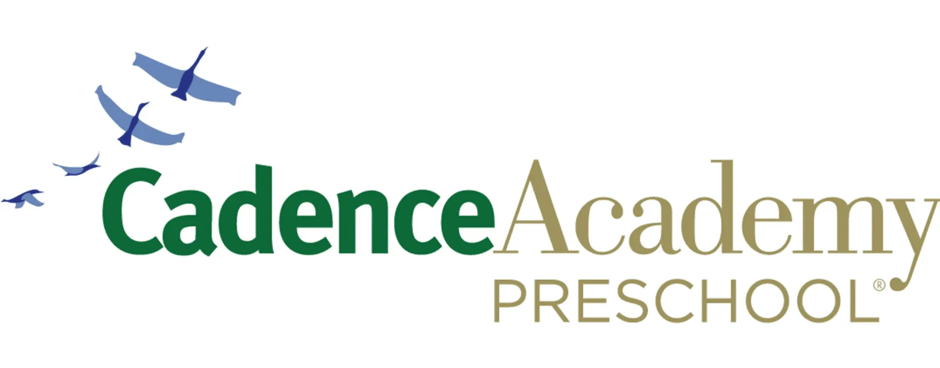Cadence Academy Preschool logo with green and gold text and two blue birds flying above