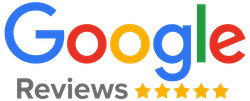 Google Reviews logo with gray text and five gold stars