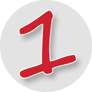 Red handwritten numeral 1 on a light gray circular background