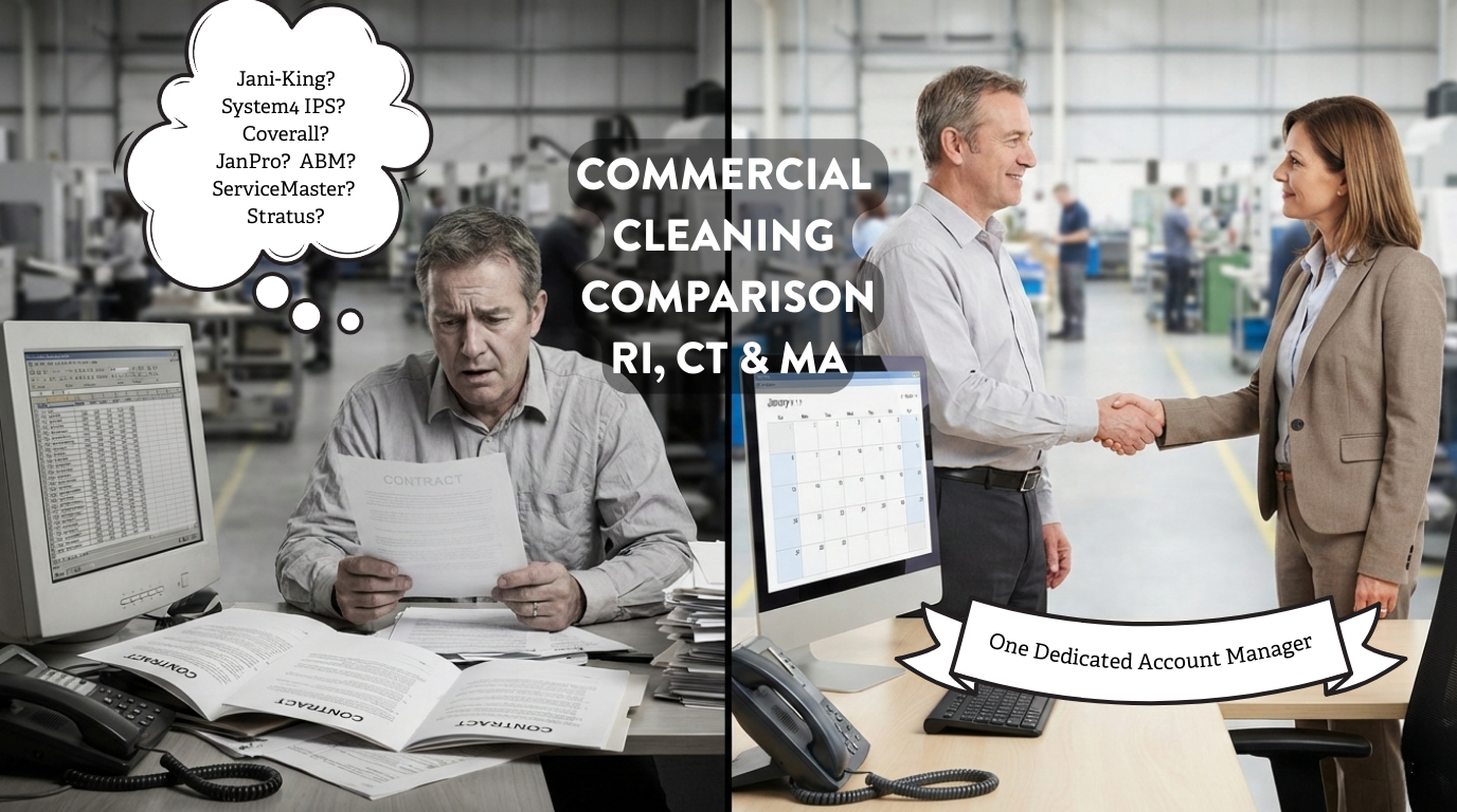 Commercial cleaning comparison ad with office workers, split-screen before-and-after office cleaning.