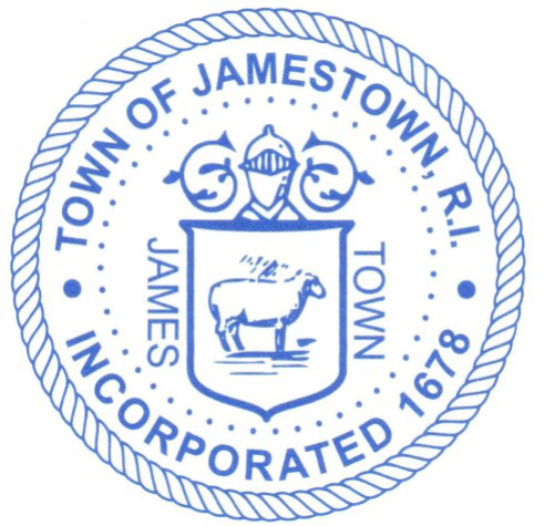 Blue seal of the Town of Jamestown, R.I., with rope border and “Incorporated 1678” text