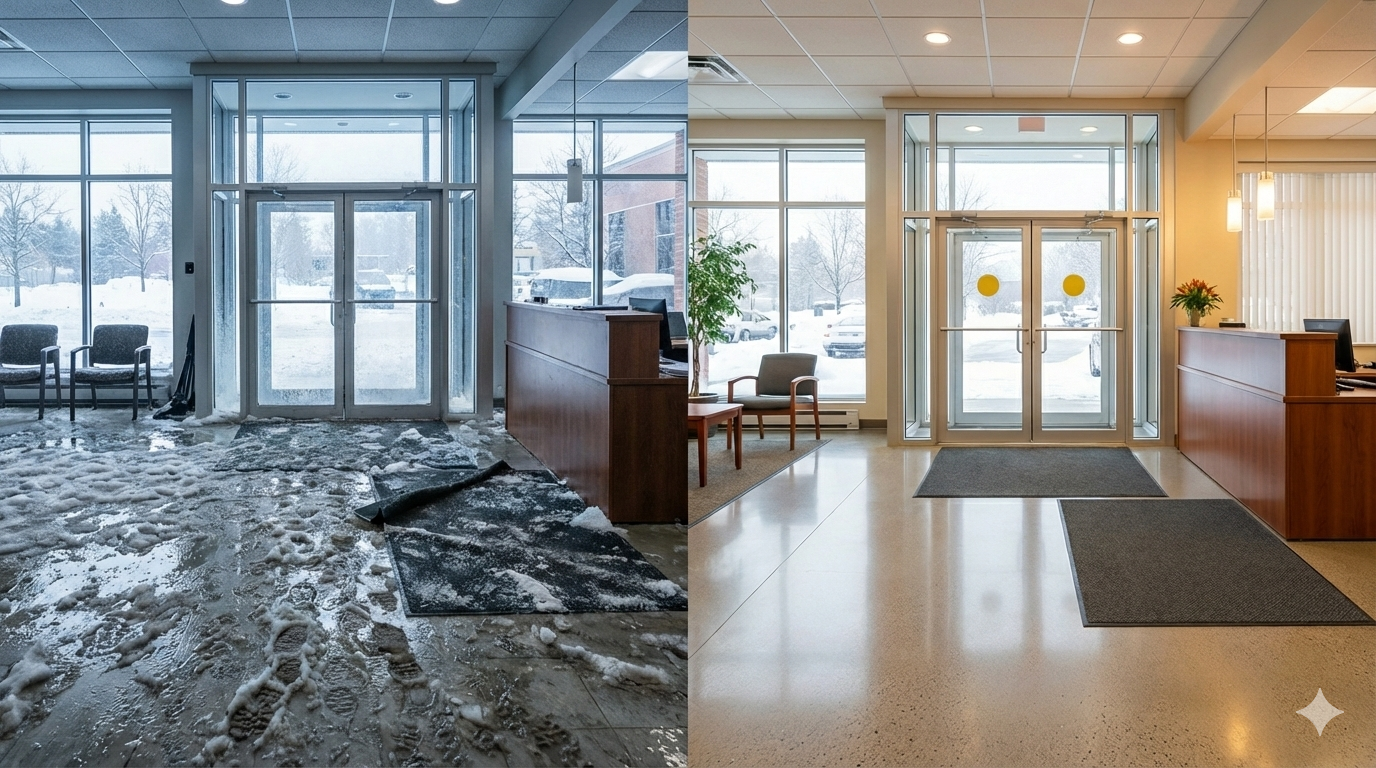 Snow tracked into a bright lobby with reception desks, glass doors, and indoor plants.