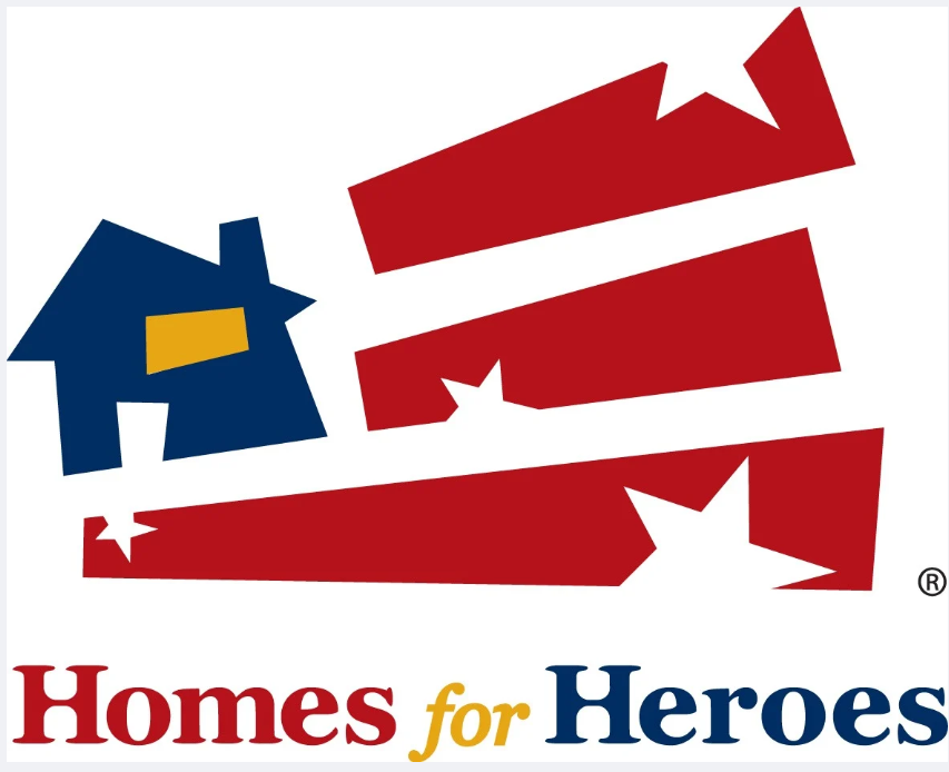 A logo for homes for heroes with a house and stars