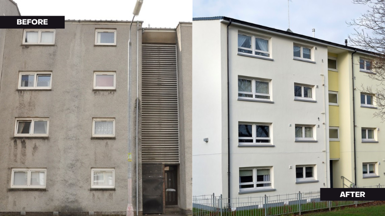 Refurbished apartment building in the UK using JUB external wall insulation system and JUB external render