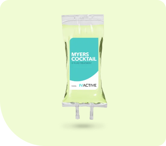 A bag of myers cocktail on a green background.