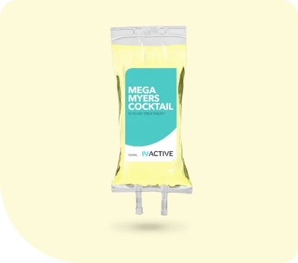 A bag of mega myers cocktail on a yellow background.