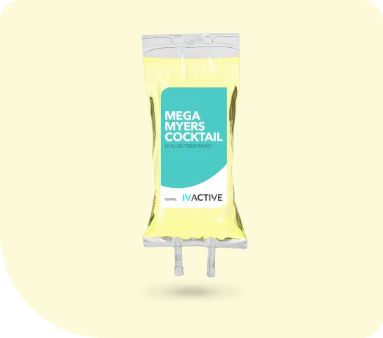 A bag of mega myers cocktail on a yellow background.