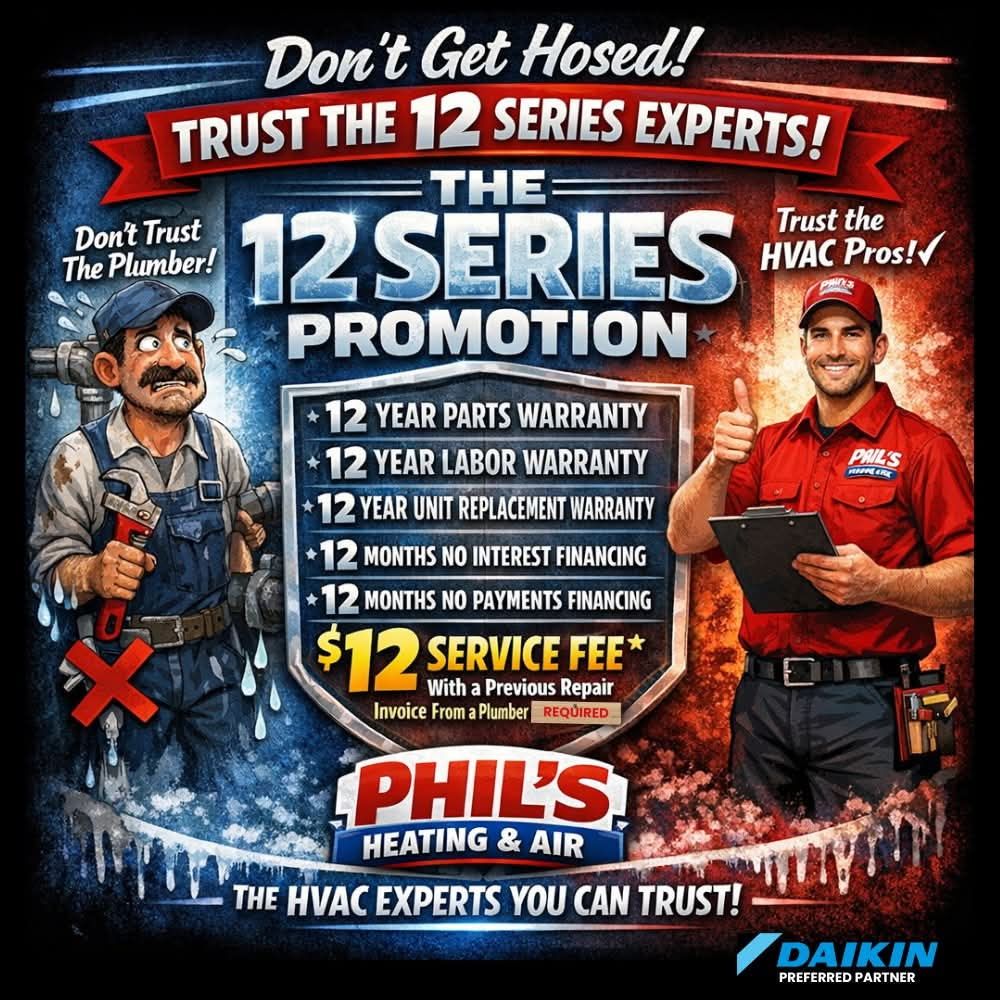 Contact us to learn more 12 Series Promotional Flyer displaying HVAC warranties, rebates, and financing options.