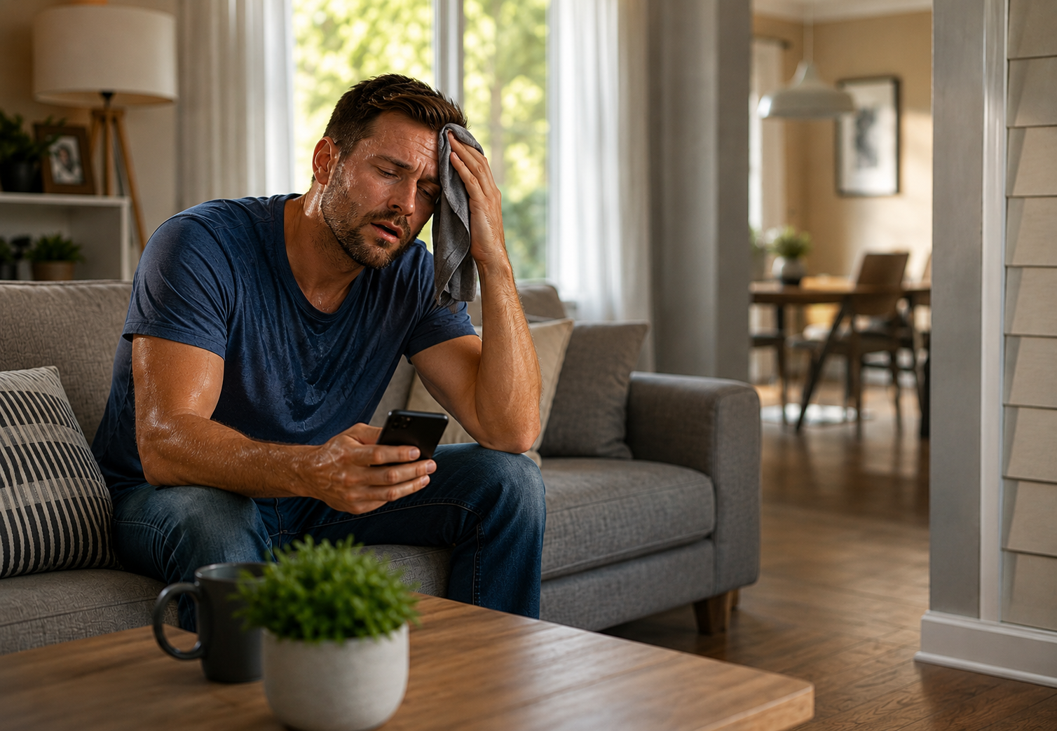 Man sitting on a couch, holding his head and looking stressed while checking his phone in a living room