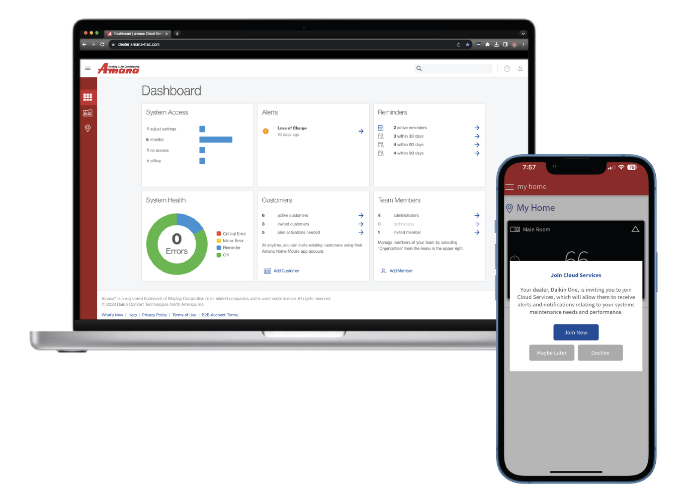 LAPTOP AND MOBILE DEVICE SHOWING THE AMANA CLOUD APPLICATIONS WITH A REMOTE HVAC CONTROLS DASHBOARD