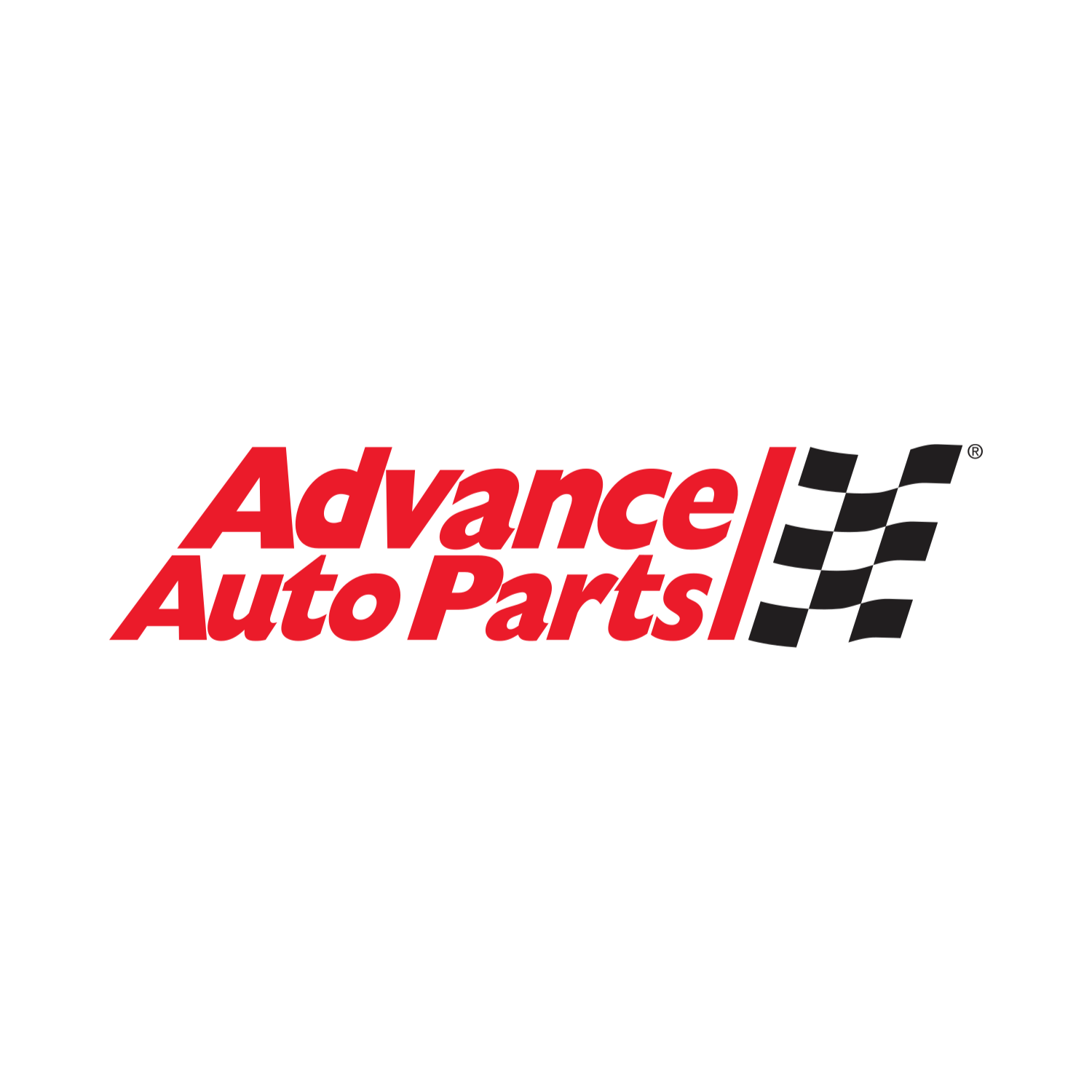 Advance Auto Parts logo: Red text with a checkered flag icon.