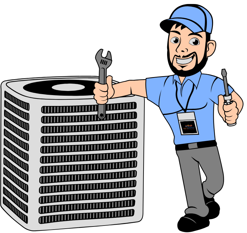A cartoon of a man holding a wrench and a screwdriver next to an air conditioner.