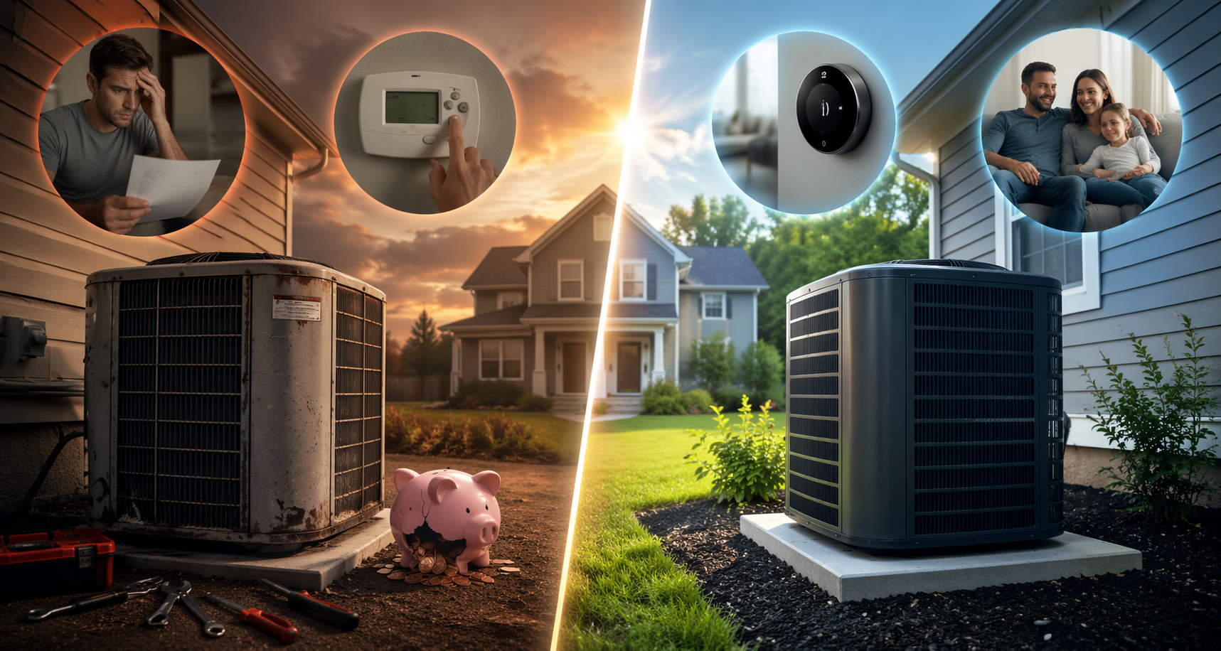 Split-screen showing an old HVAC system causing financial stress versus a new, efficient unit with smart home features.