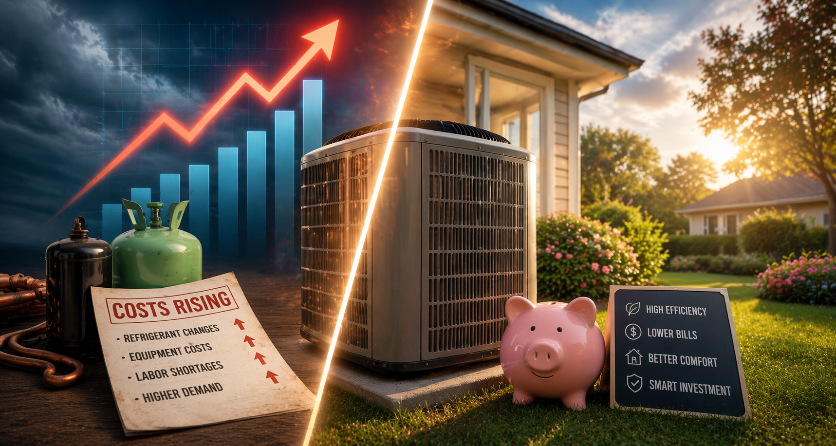 Split image showing rising HVAC costs on the left and a piggy bank with a house unit on the right, representing savings.