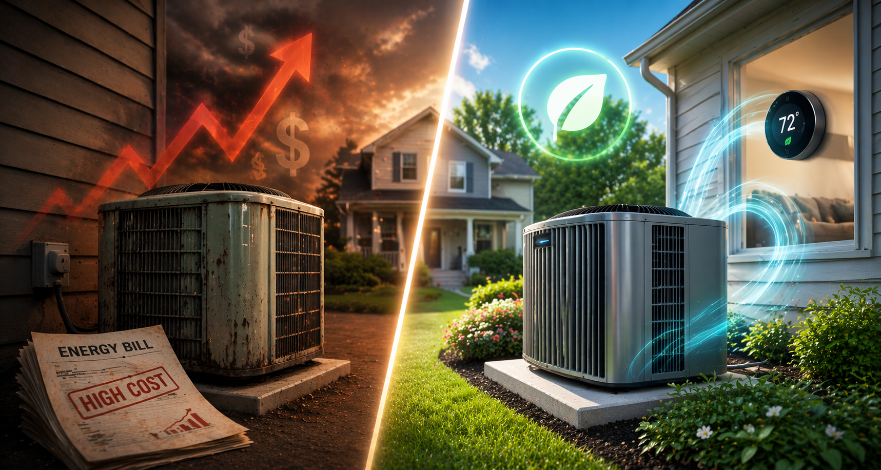A split image showing an old, costly HVAC unit and a new, money-saving, energy-efficient HVAC unit