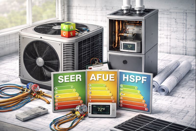 HVAC equipment with SEER, AFUE, HSPF energy efficiency ratings; cooling unit, furnace, thermostat, and blueprints.