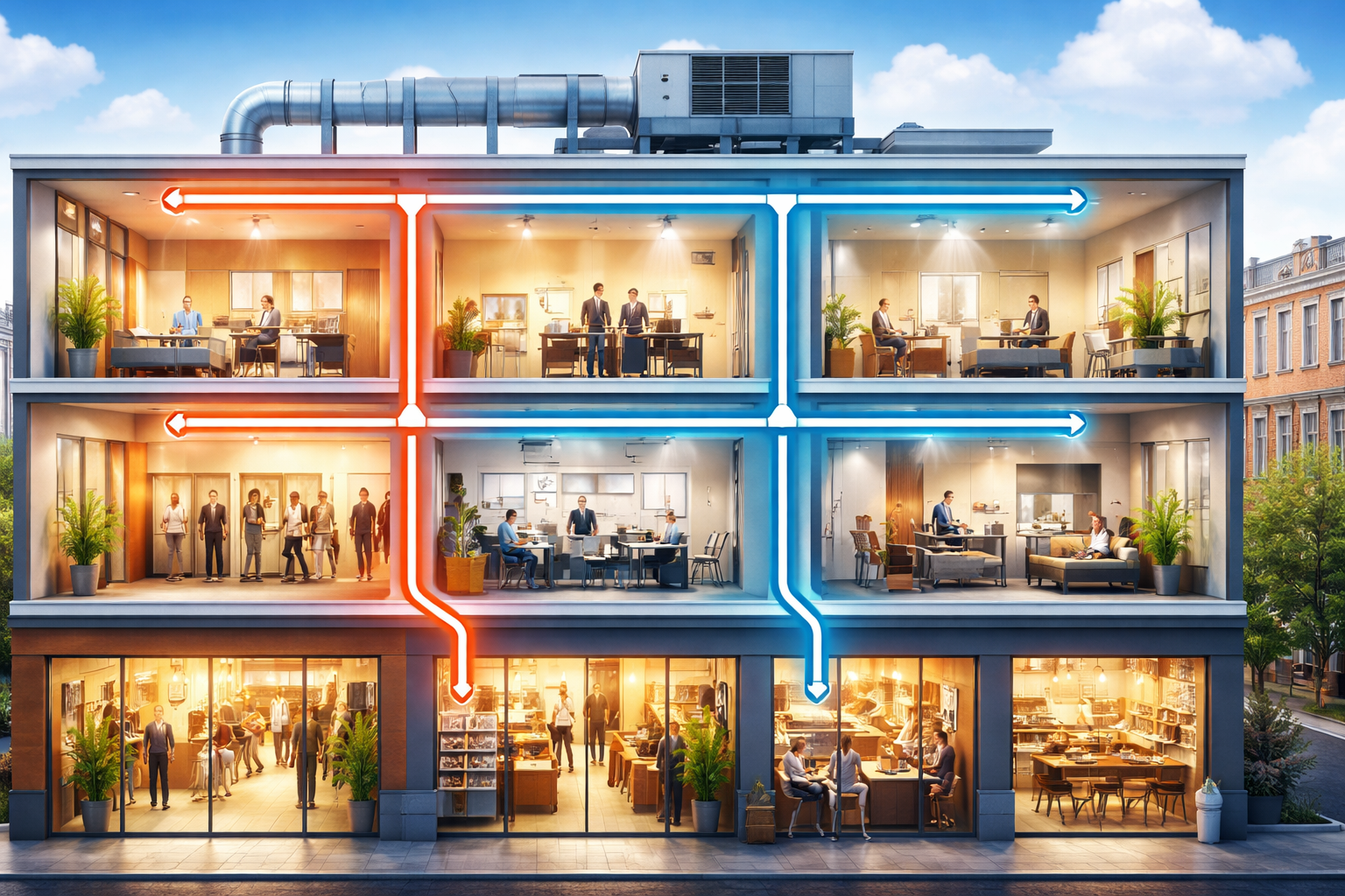 Cross-section of an office building showing HVAC system. Red lines indicate heat, blue indicates cooling. People are working.