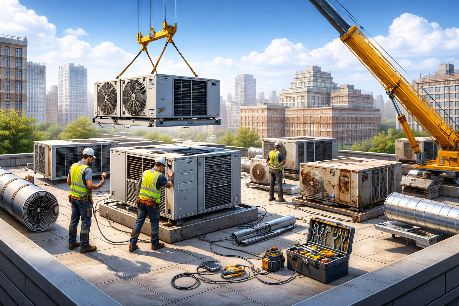 Construction workers install rooftop air conditioning units with a crane in a city setting.