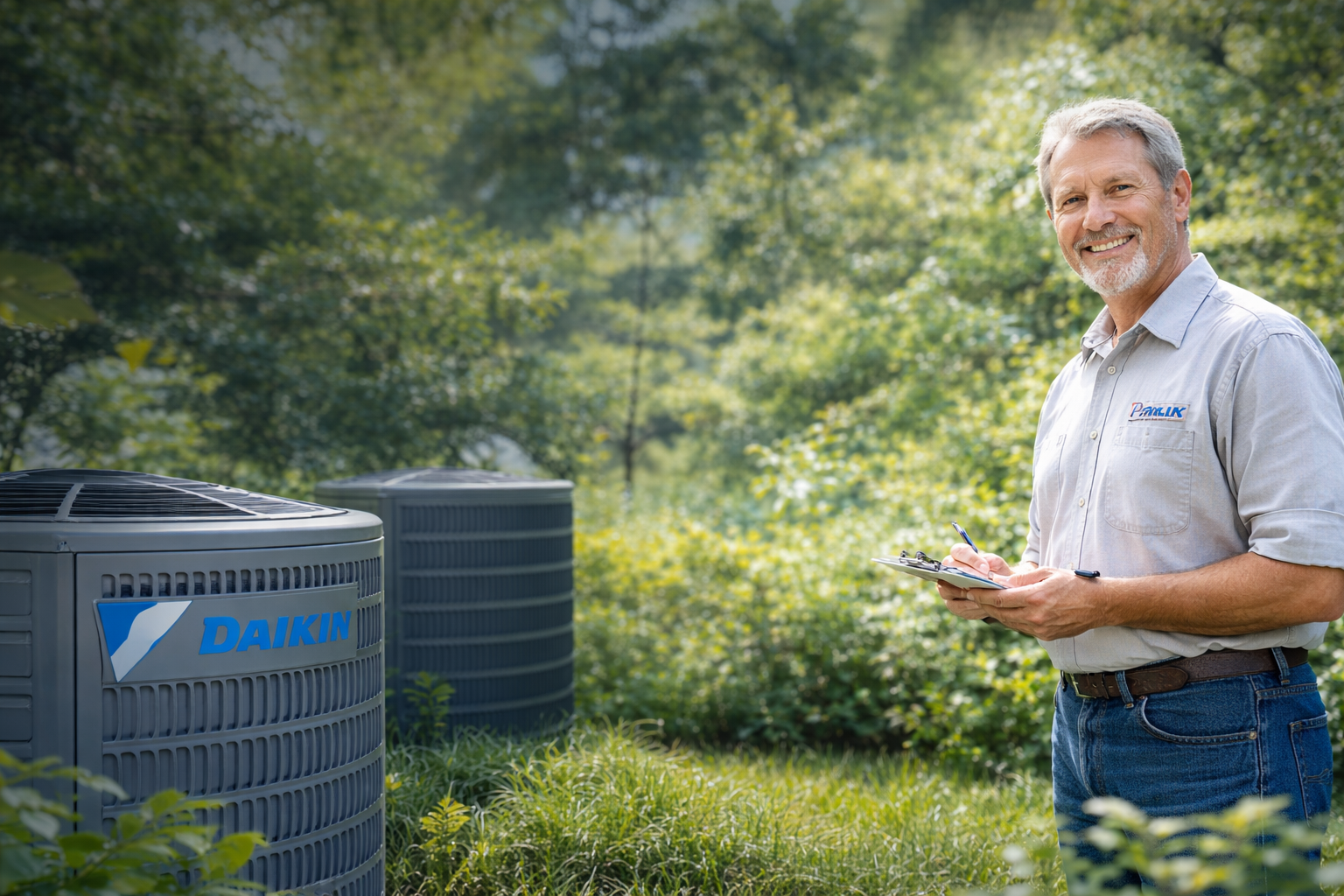 A technician with a clipboard stands smiling next to two Daikin air conditioning units in a lush, green outdoor setting.