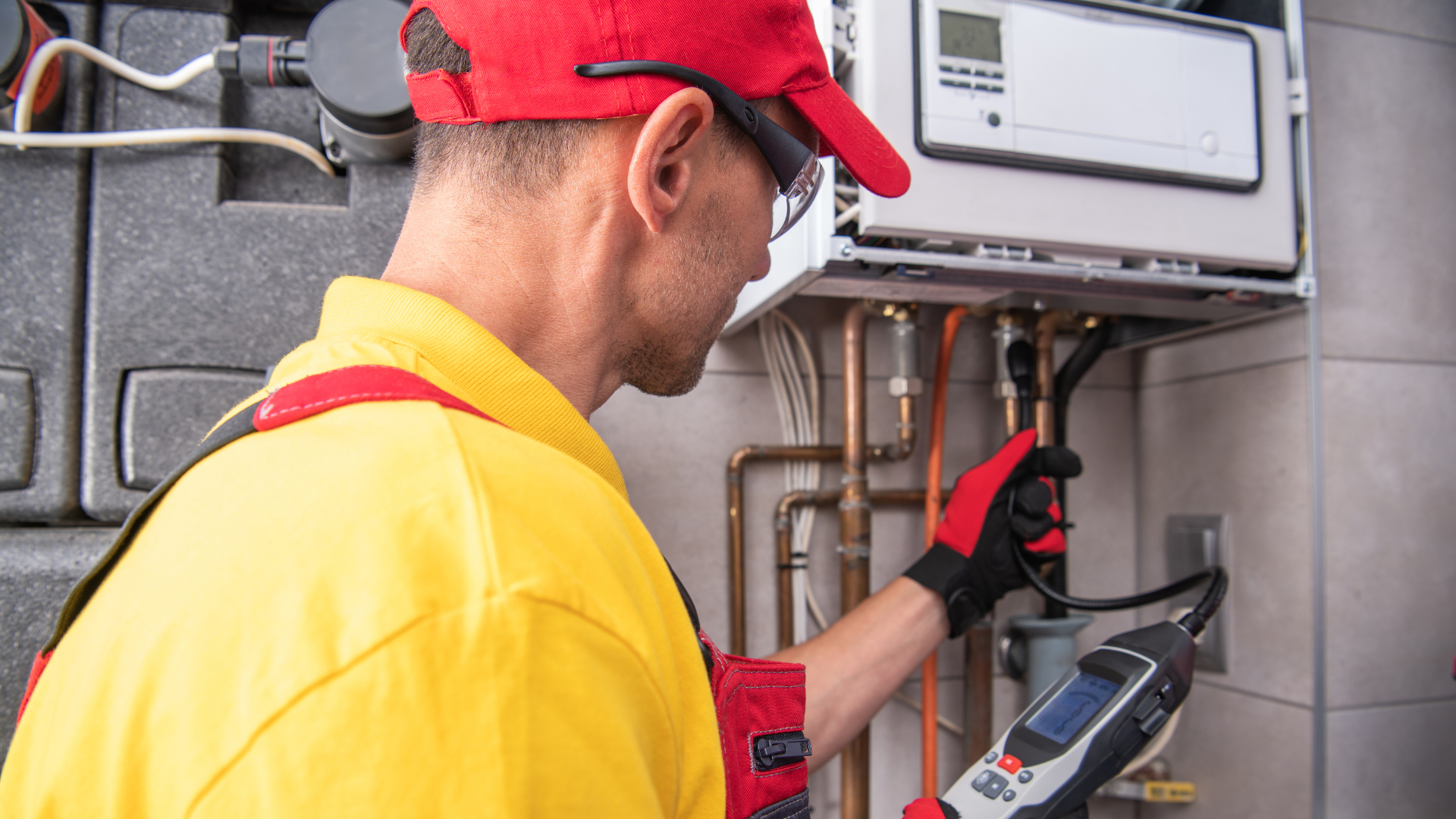 A technician in a yellow shirt and red cap uses a diagnostic tool to check a wall-mounted boiler.