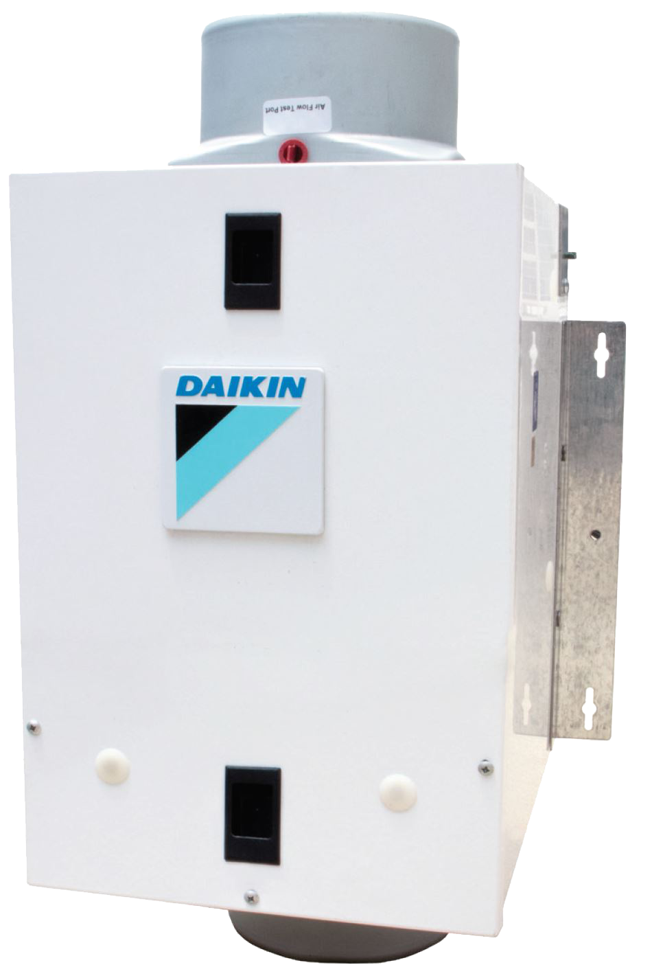 White Daikin air conditioning unit with blue and black logo, mounted outdoors.