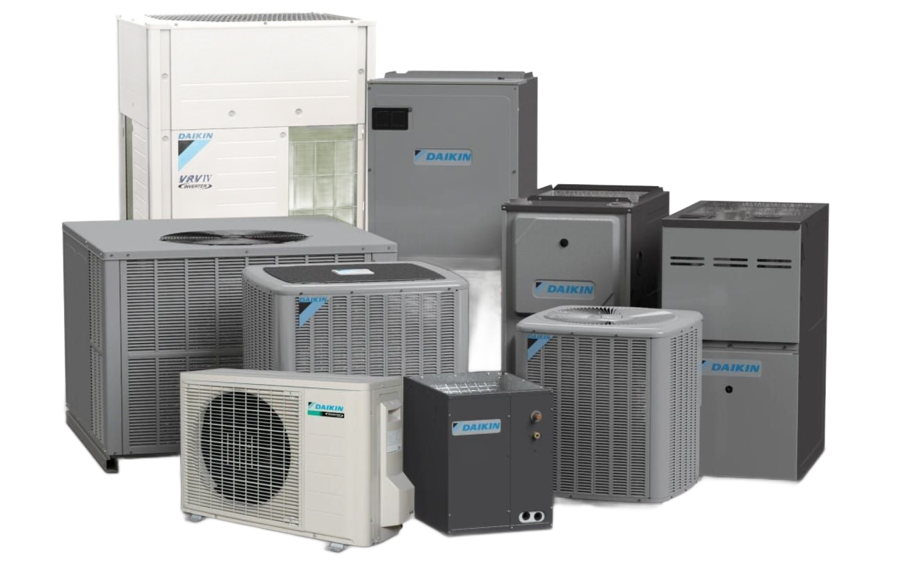 Assorted Daikin HVAC units in various sizes and shapes, outdoors.
