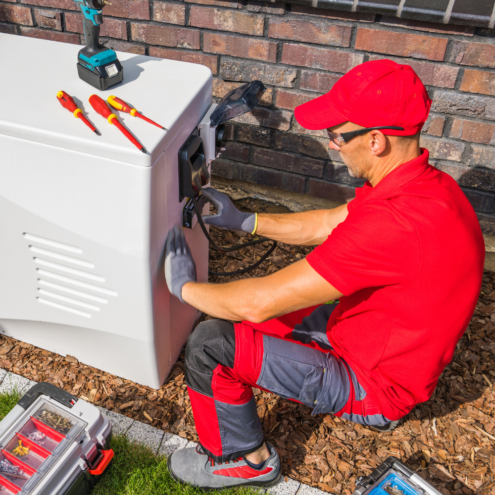 A man in a red shirt is sitting on the ground working on a machine.