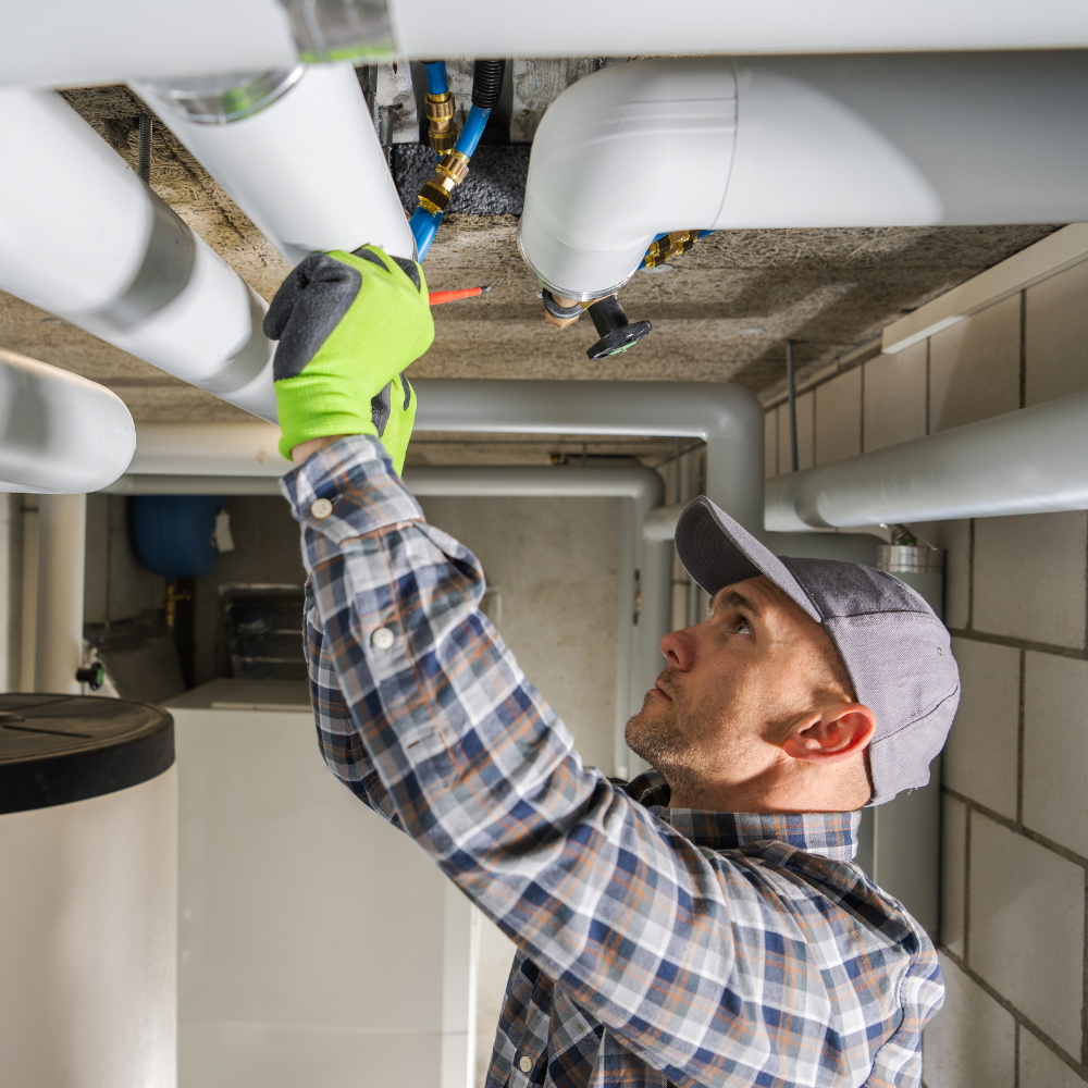 A man in a plaid shirt is working on pipes