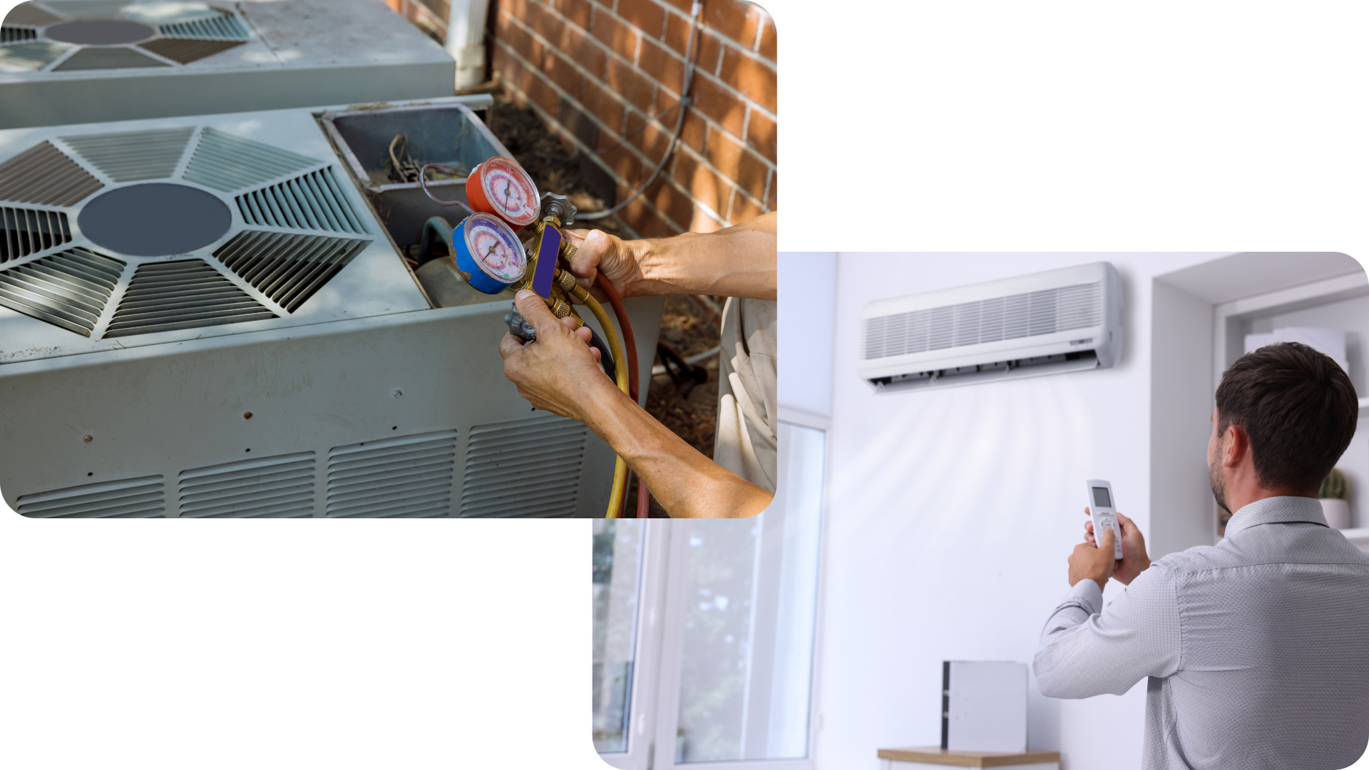 HVAC technician checking air conditioner with gauge and remote control indoors