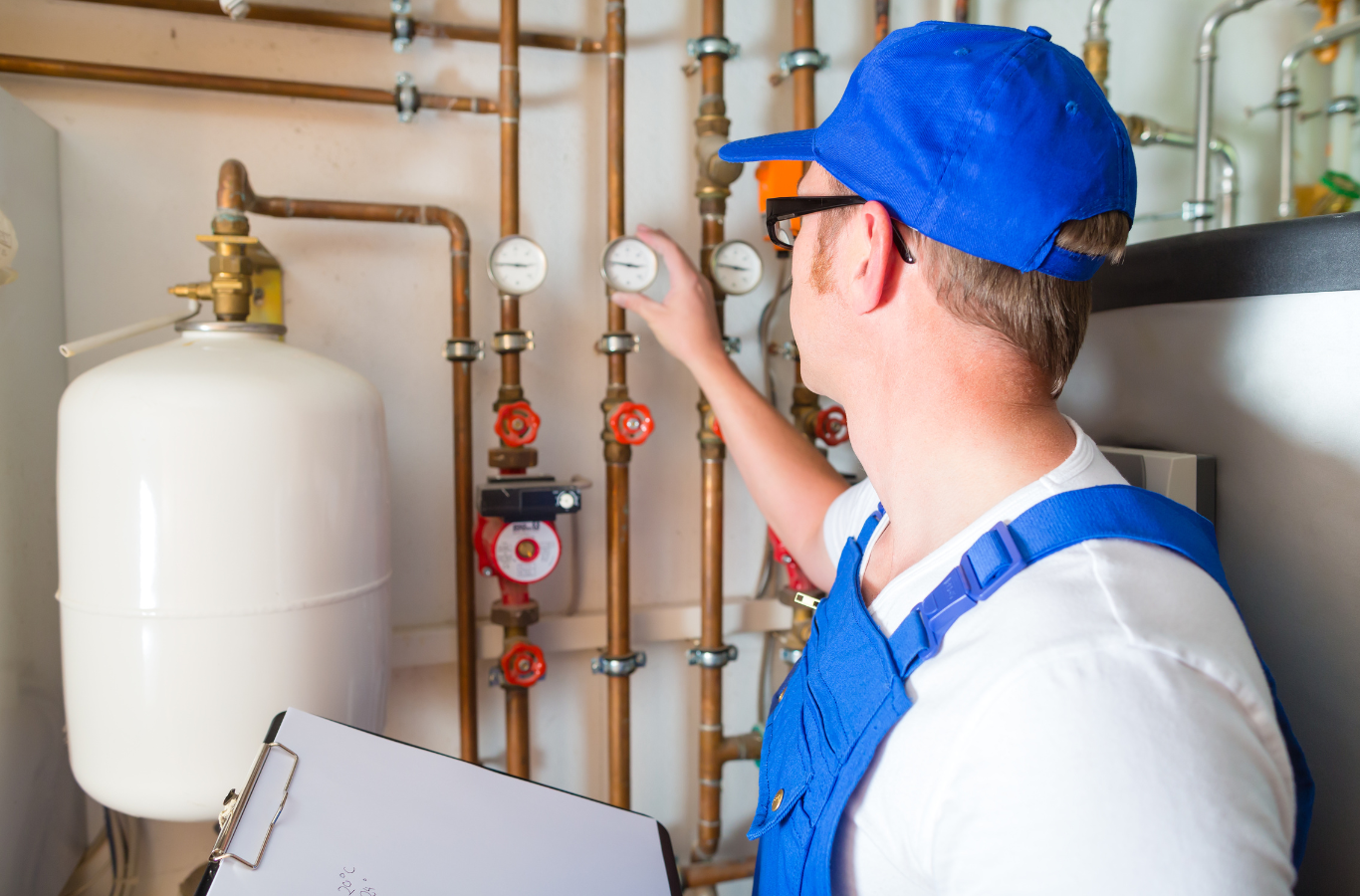 A man in a blue hat is working on a pipe while holding a clipboard.