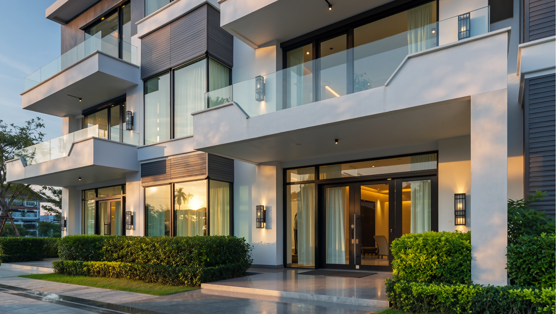 Modern, multi-story building entrance with glass doors, balconies, and manicured hedges; dusk setting.