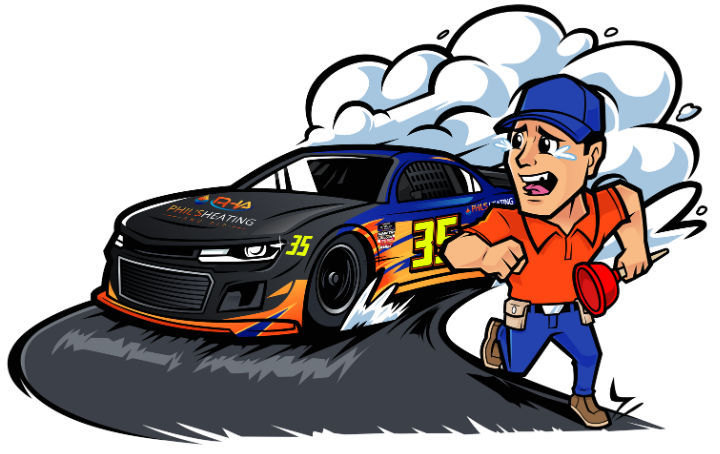 The #35 Phil's Heating and Air Nascar is chasing a plumber holding a plunger claiming to work on HVAC Systems