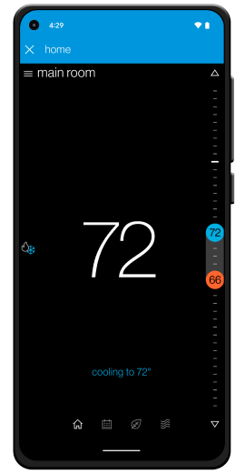 One Home Mobile App smartphone app displaying a thermostat set to 72 degrees, with cooling active. Blue and orange temperature controls.