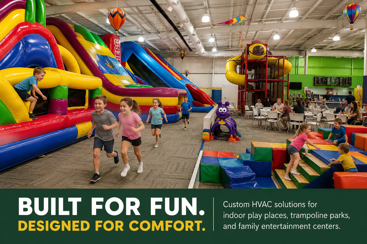 Contact Us Indoor inflatable play center with colorful bounce houses and children playing - text that says custom HVAC solutions for indoor play places, trampoline parks, and family entertainment centers!