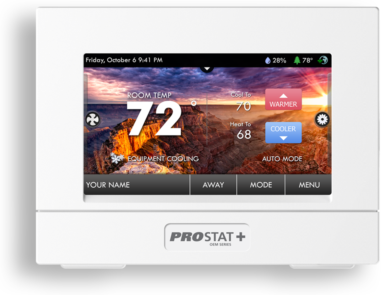 A white ProStat+ thermostat with a picture of a mountain on the screen