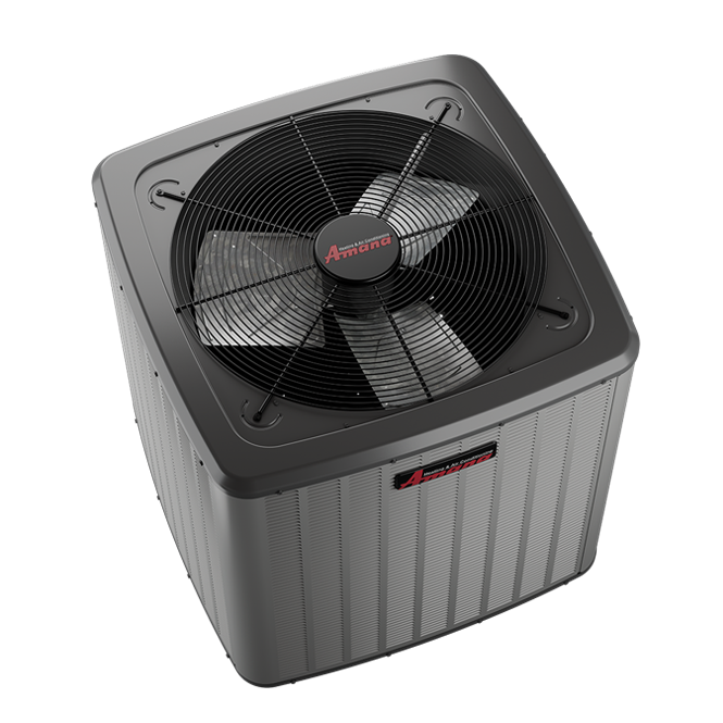 An AMANA air conditioner with a fan on top of it